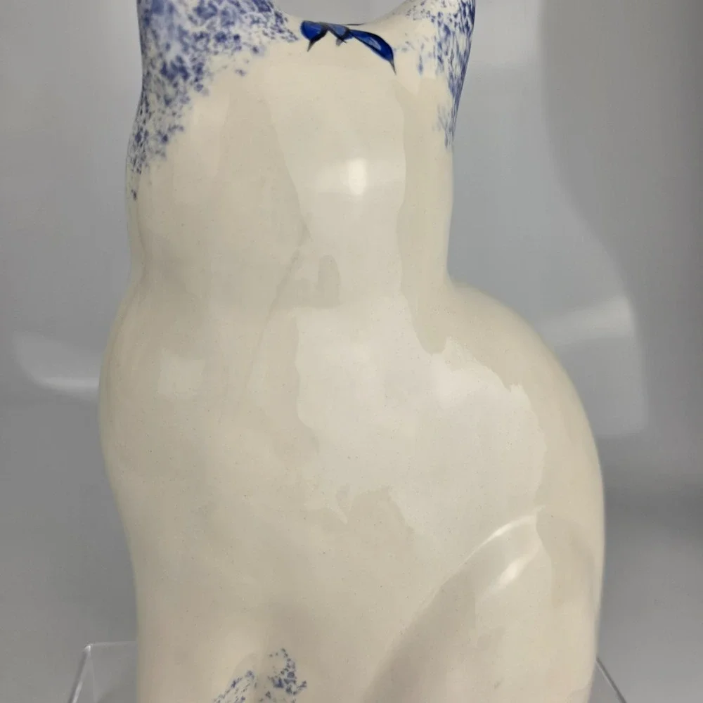 Vintage Blue White Cobalt Spongeware Ceramic Cat Figurine Large Sitting Folk Art
